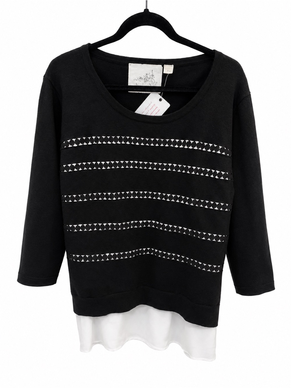 Angel Of The North Black Sweater with White Layered Hem and Silver Stud Stripes